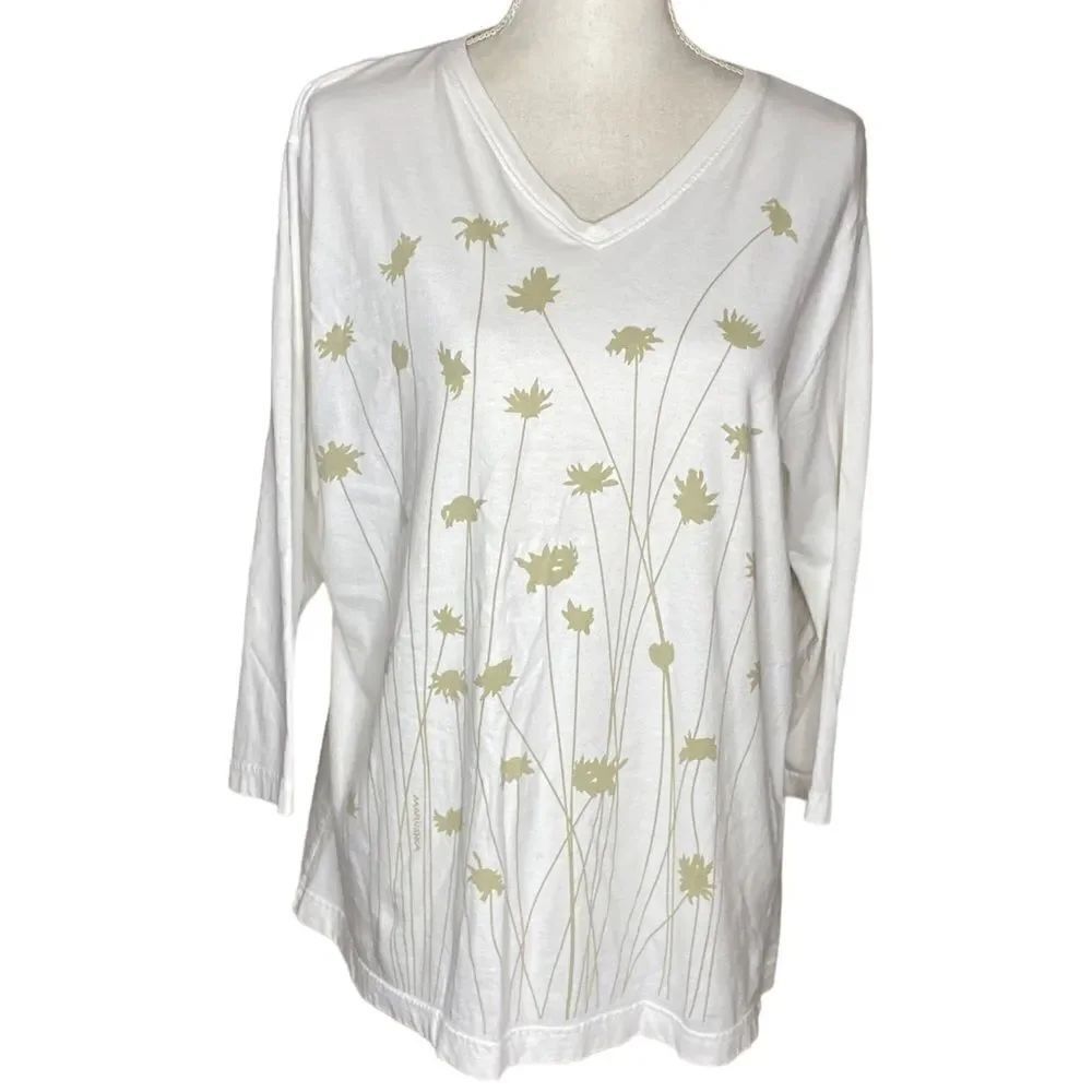Marushka Wm’s Sz XL White Cream Floral V Neck Long Sleeve T Shirt Blouse